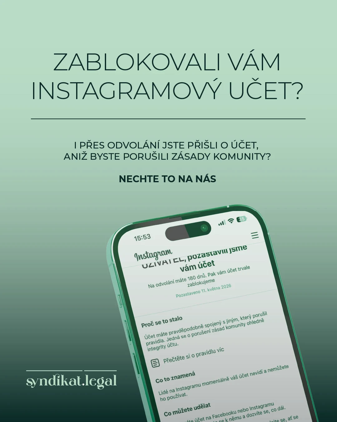 syndikat.legal vizuál zablokovaný Instagram účet